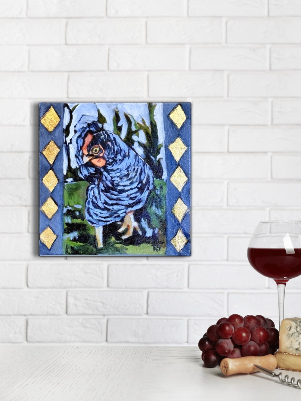 Modern Chicken acrylic Painting, 10x10” original Art, Gold Leaf Decor